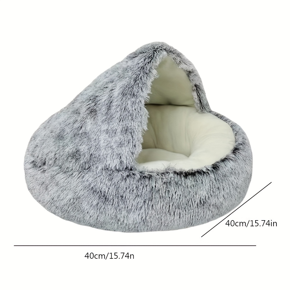Plush Hooded Cat Cave Bed Round Pet Sleeping Cushion Bed