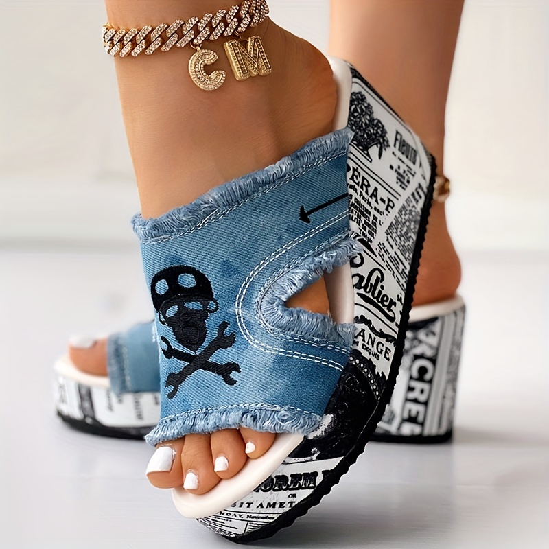 womens tassel denim letter design sandals slip on open toe wedges heel shoes casual summer shoes details 0