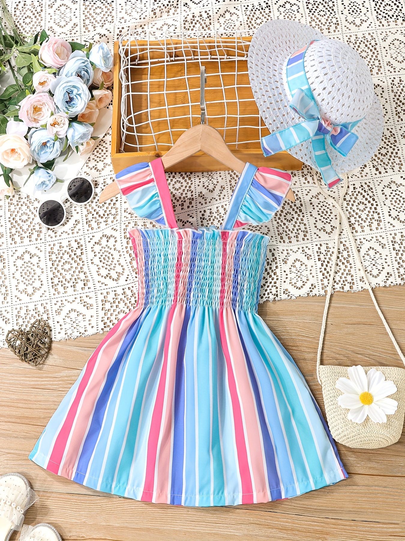 Toddler Girls Color Block Vertical Striped Frill Trim Shirred Ruffle Trim  Princess Dress & Bow Straw Hat Set For Party Beach Vacation Kids Summer  Clothes - Temu Mexico
