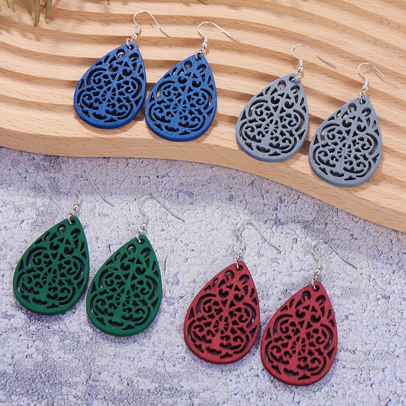 

Paires de Boucles d'Oreilles en Bois Bleu, Bleu , Vert Armée, Rouge