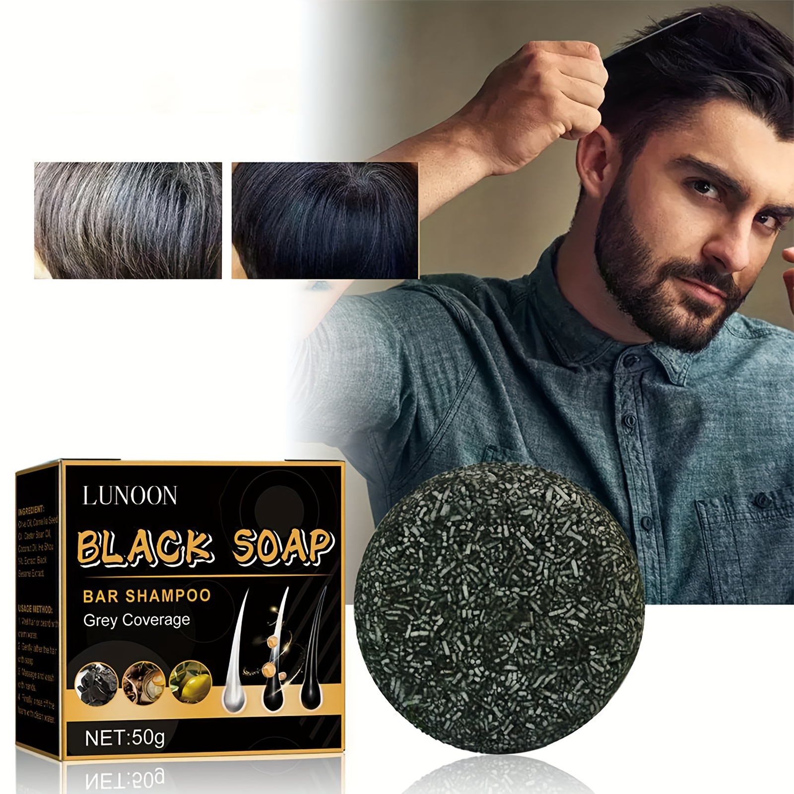 Men's Black Soap Gray Coverage Bar Shampoo Hair Soap - Temu