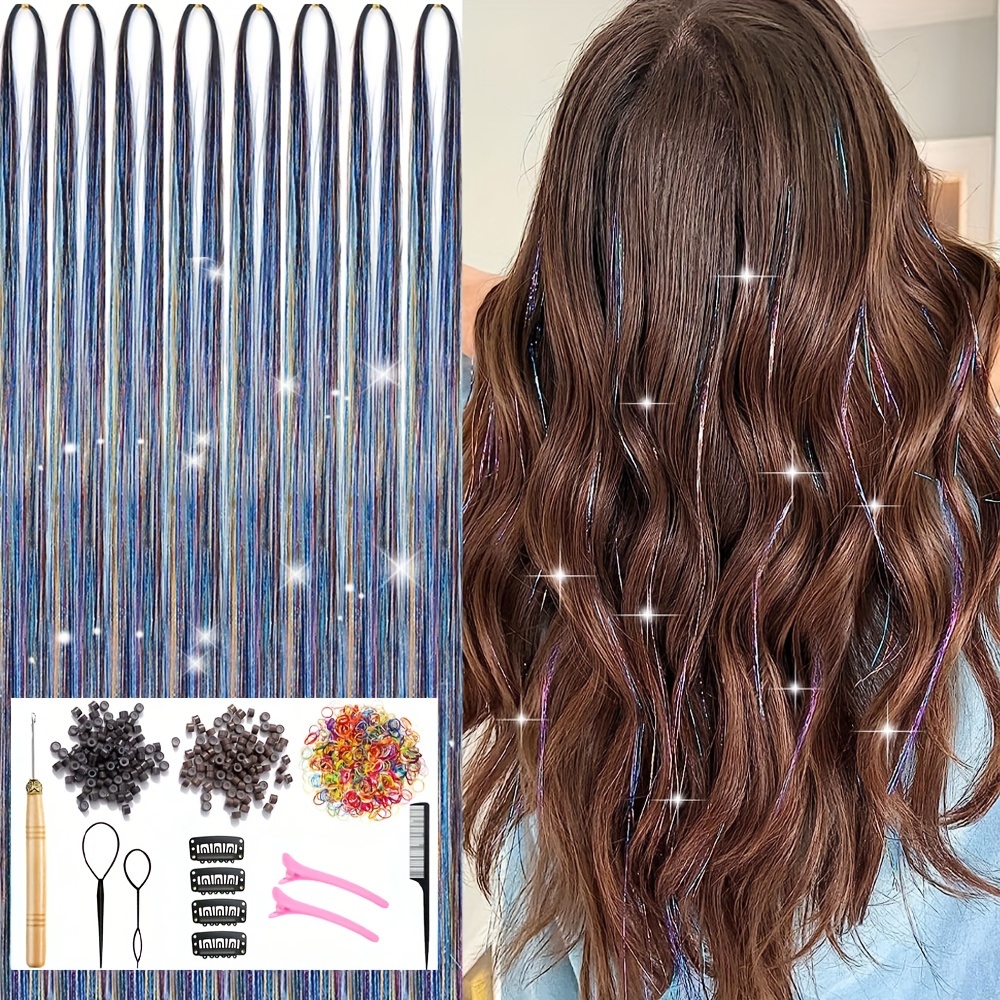 Hair Tinsel Kit with Tools Colorful Hair Tinsel Heat Resistant Tinsel Hair Extensions, Human Hair Extensions Sparkling Shiny Glitter Fairy Hair