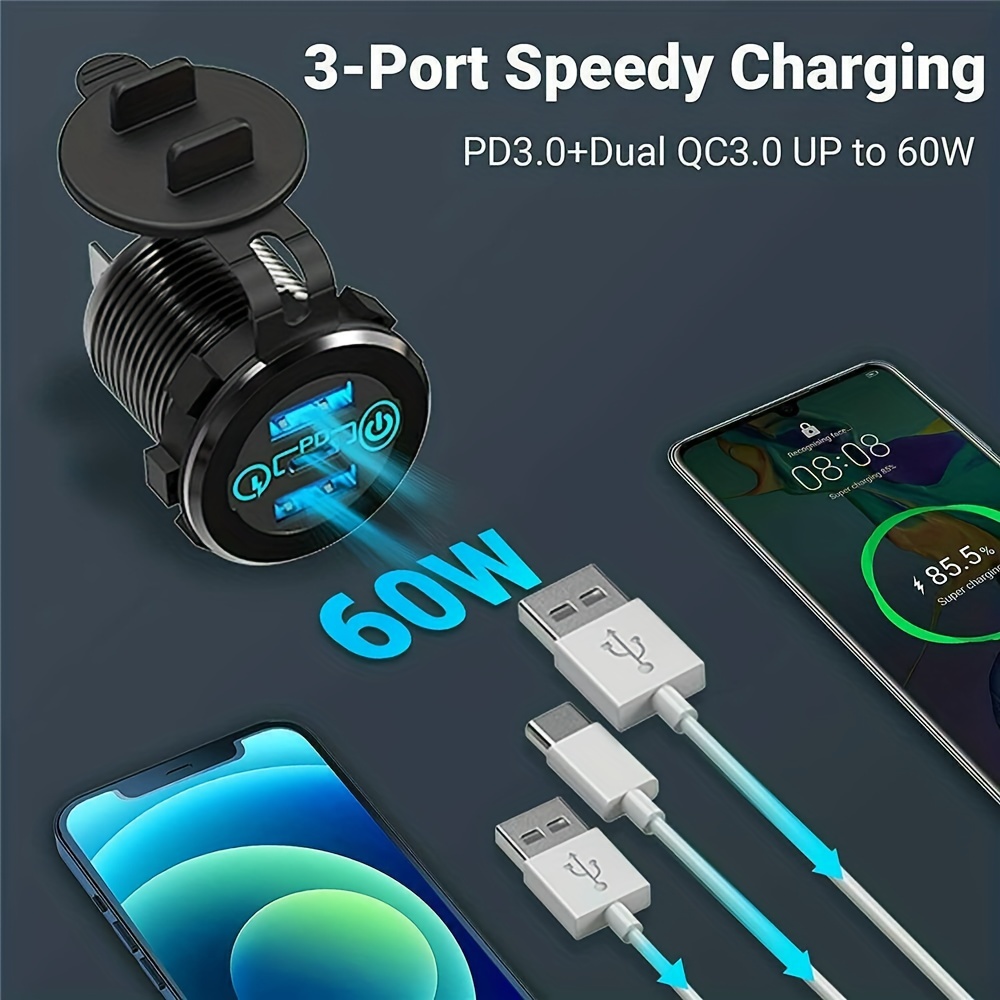 Qc3 Dual Usb And Pd Type C Charger Quick Charge Socket 12v 24v Car Outlet  On Off Touch Switch Fused Wire Kit For Cars Trucks Rvs Automotive Temu