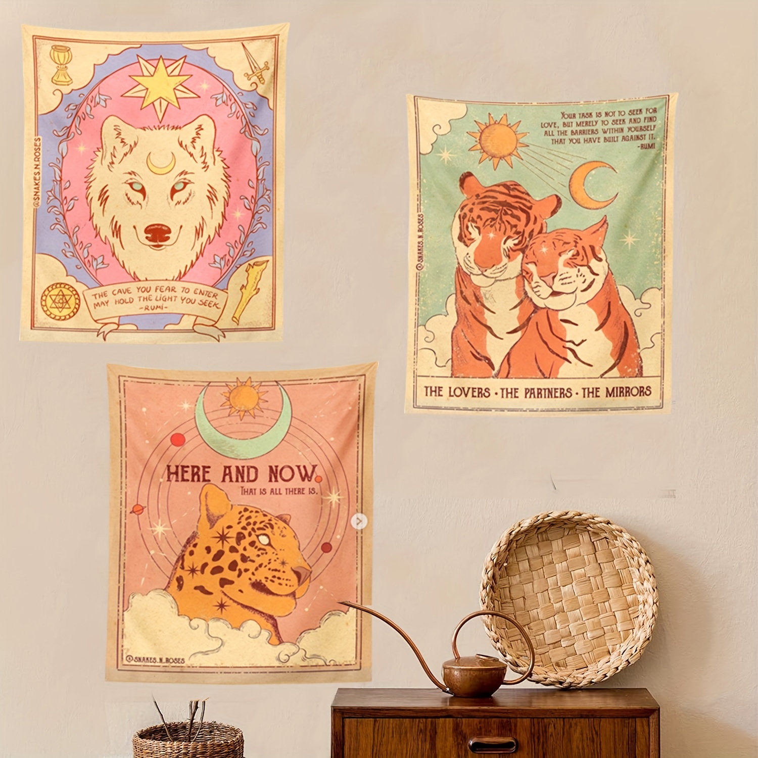 Boho Animal Tapestry Set Lion Tiger Sun Moon Designs Living Temu