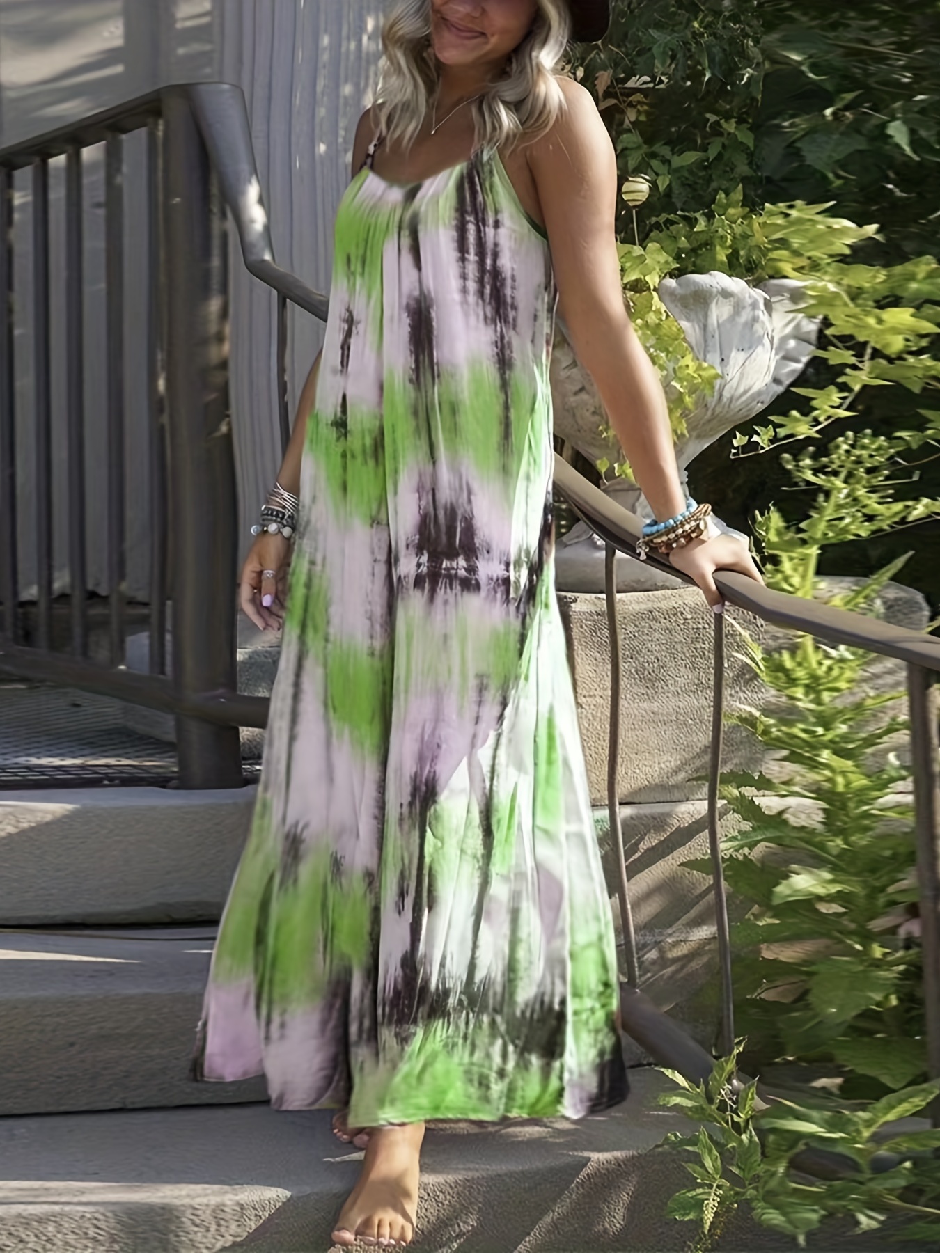 Tie Dye V Neck Maxi Dress Medium Stretch Loose Cami