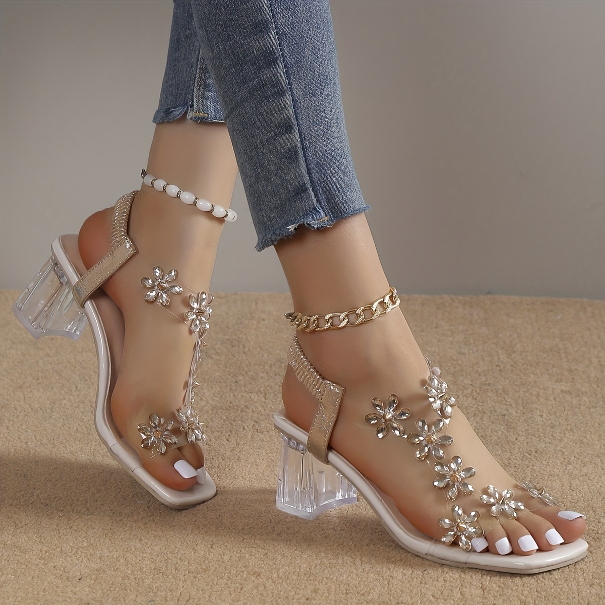 

Women's Flower Rhinestone Decor Sandals, Square Toe Elastic Band Transparent Chunky Heels, Fashion Going Out Summer Sandals