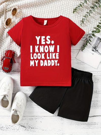 Boys "Yes I Know I Look Like My Daddy" Outfit Shorts & T-shirt Short Sleeves Crew Neck Casual Summer Kids Clothes