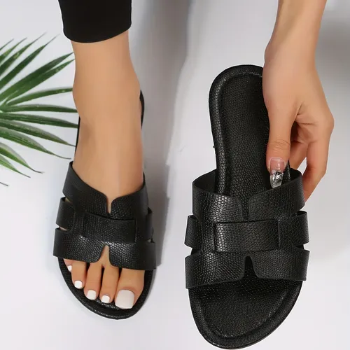 Women's Flat Slide Sandals, Casual Round Toe & Open Toe Non Slip Shoes ...