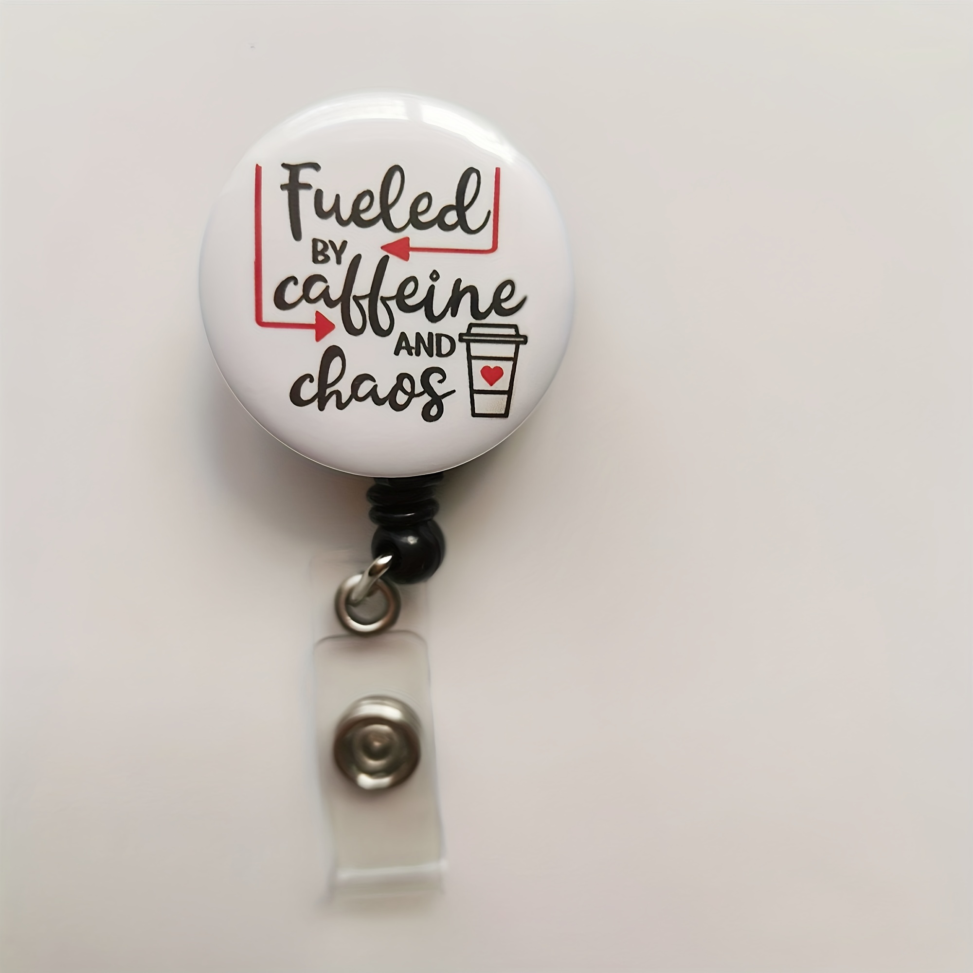 1pc Fueled By Caffeine And Chaos Retractable Badge Reel With Alligator Clip, Name Nurse ID Card Badge Holder Reel, Decorative Custom Badge Holder