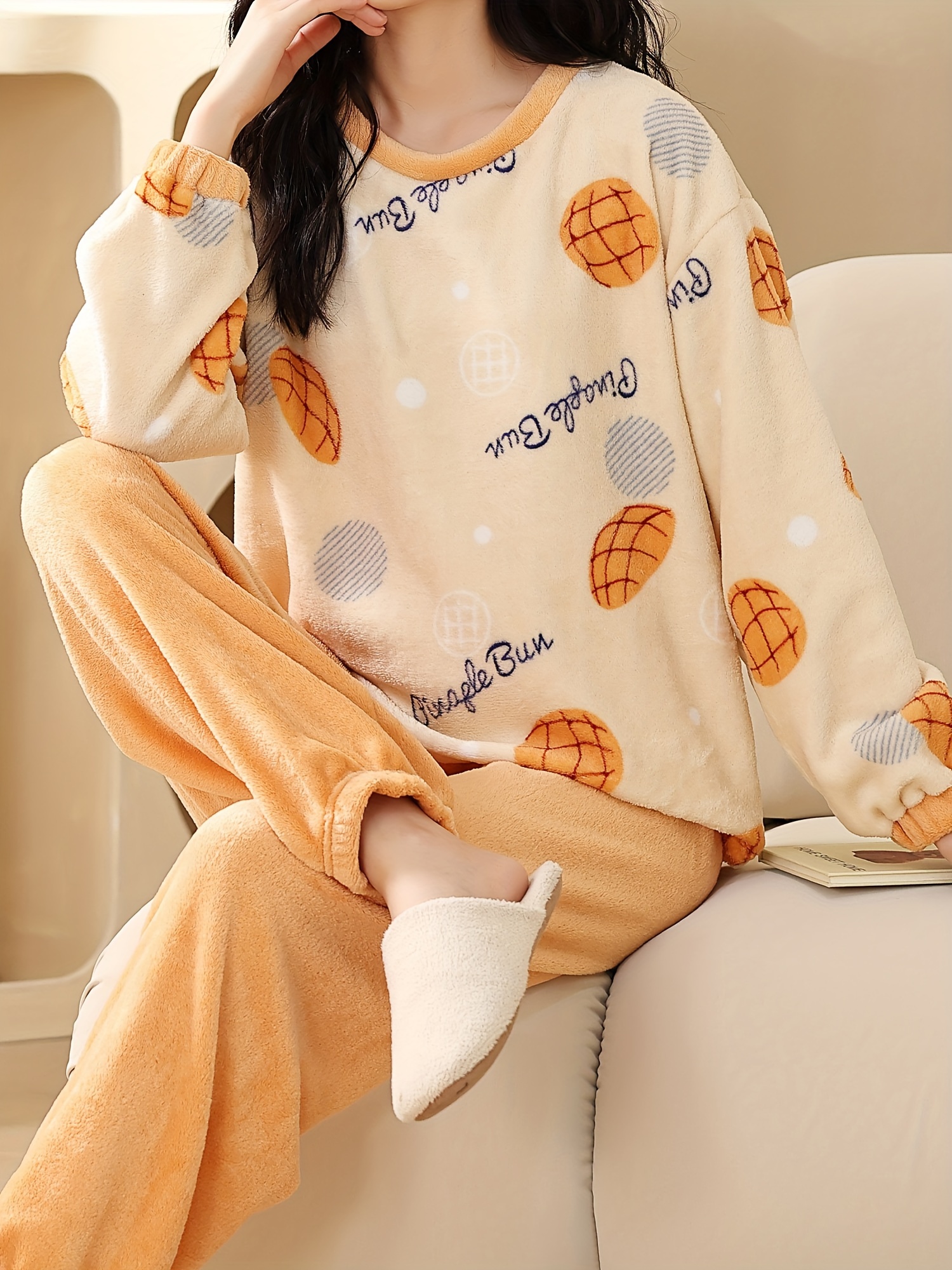 Casual Mango & Letter Print Fleece Pajama Set, Long Sleeve Crew Neck Top &  Elastic Joggers, Women's Sleepwear & Loungewear