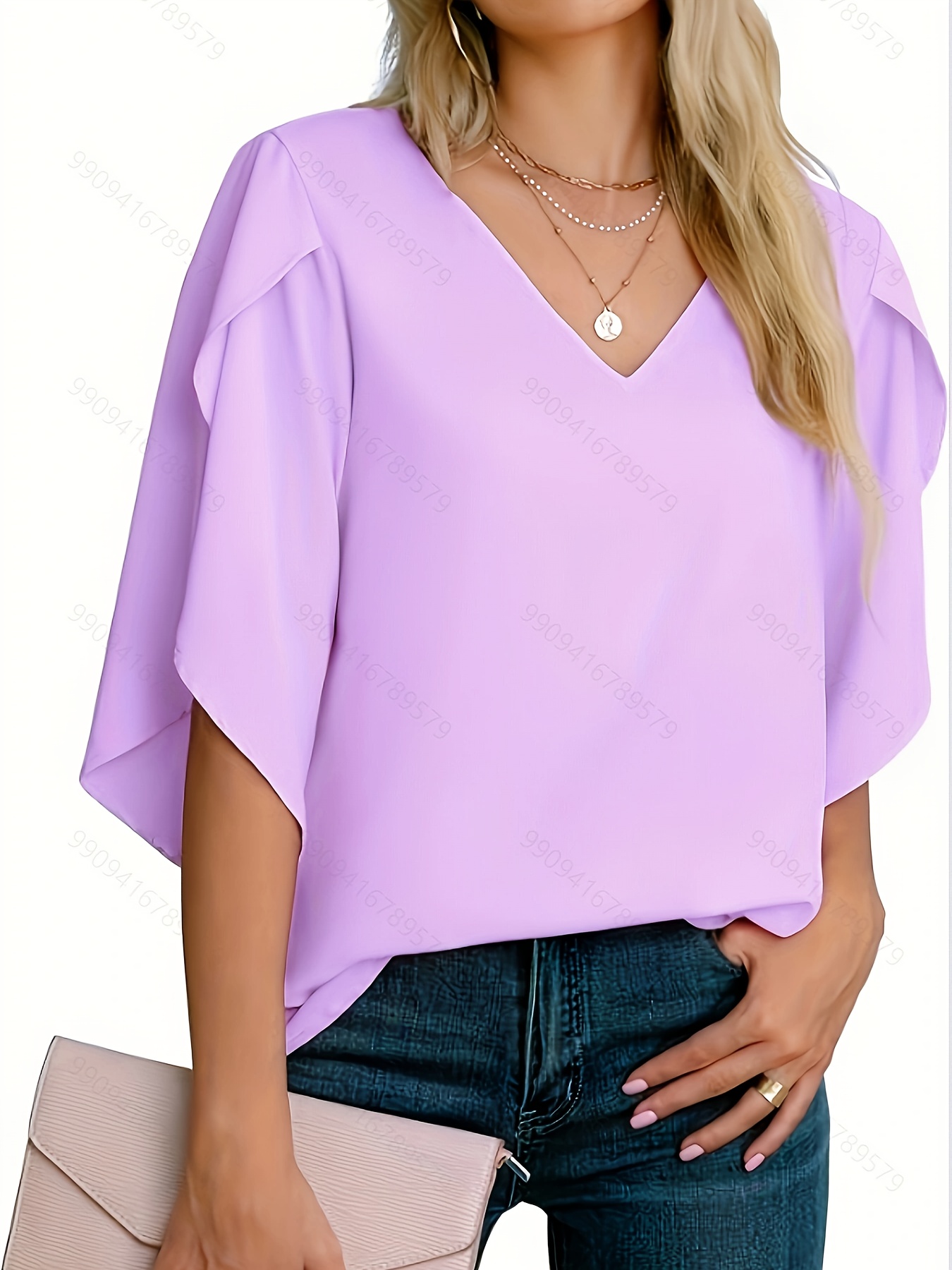 Solid V neck Simple Blouse Versatile Petal Sleeve Chiffon - Temu