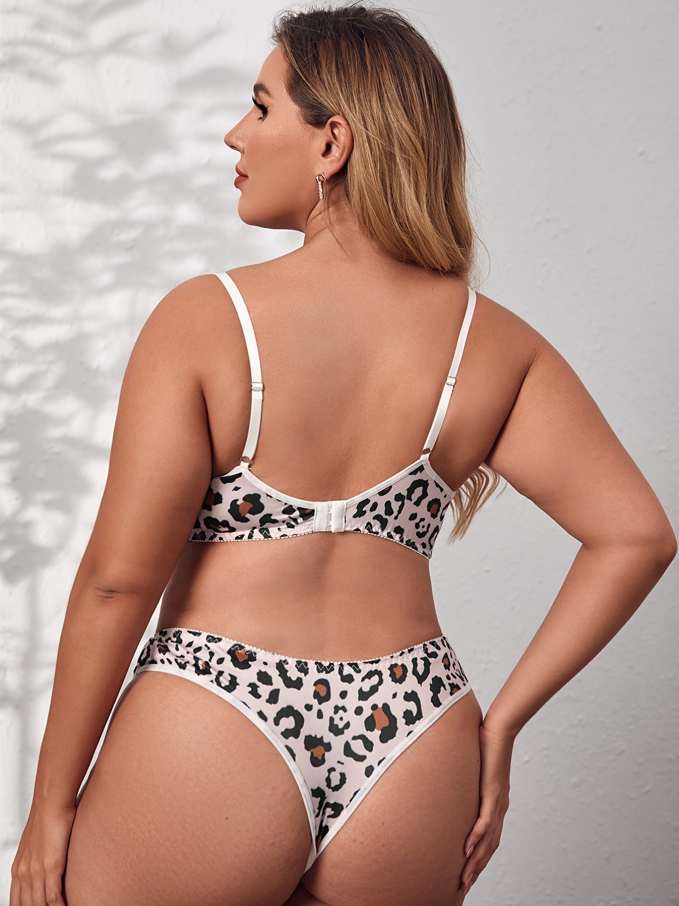 Plus Size Leopard Print Contrast Lace Bra & Panties Set, Women's Plus  Medium Stretch Sexy Lingerie 2pcs Set