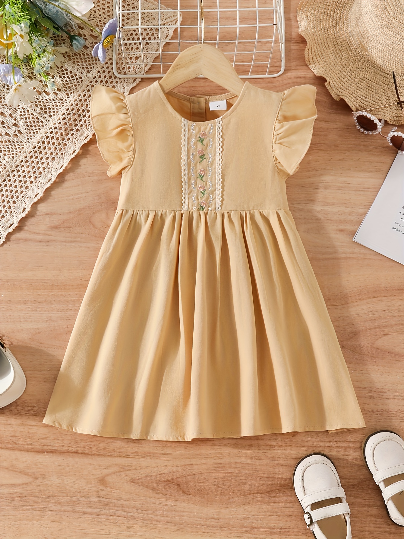 Elegant Cotton Dress Flower Embroidery Girls Flutter Sleeve - Temu