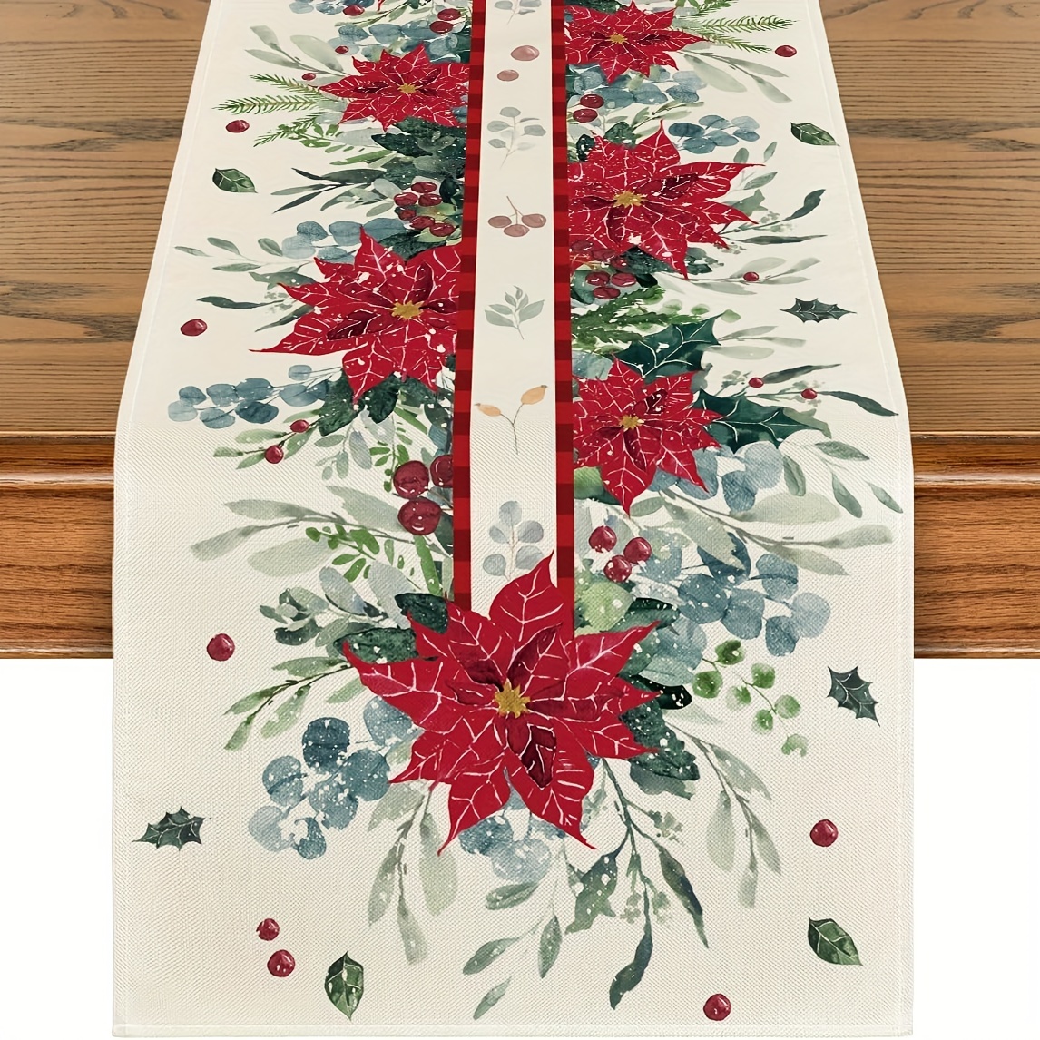 TEMU 1pc, Eucalyptus Poinsettia Leaves Christmas Table Runner, Winter Dining Table Decoration For Home Party Decor 13x72 Inch