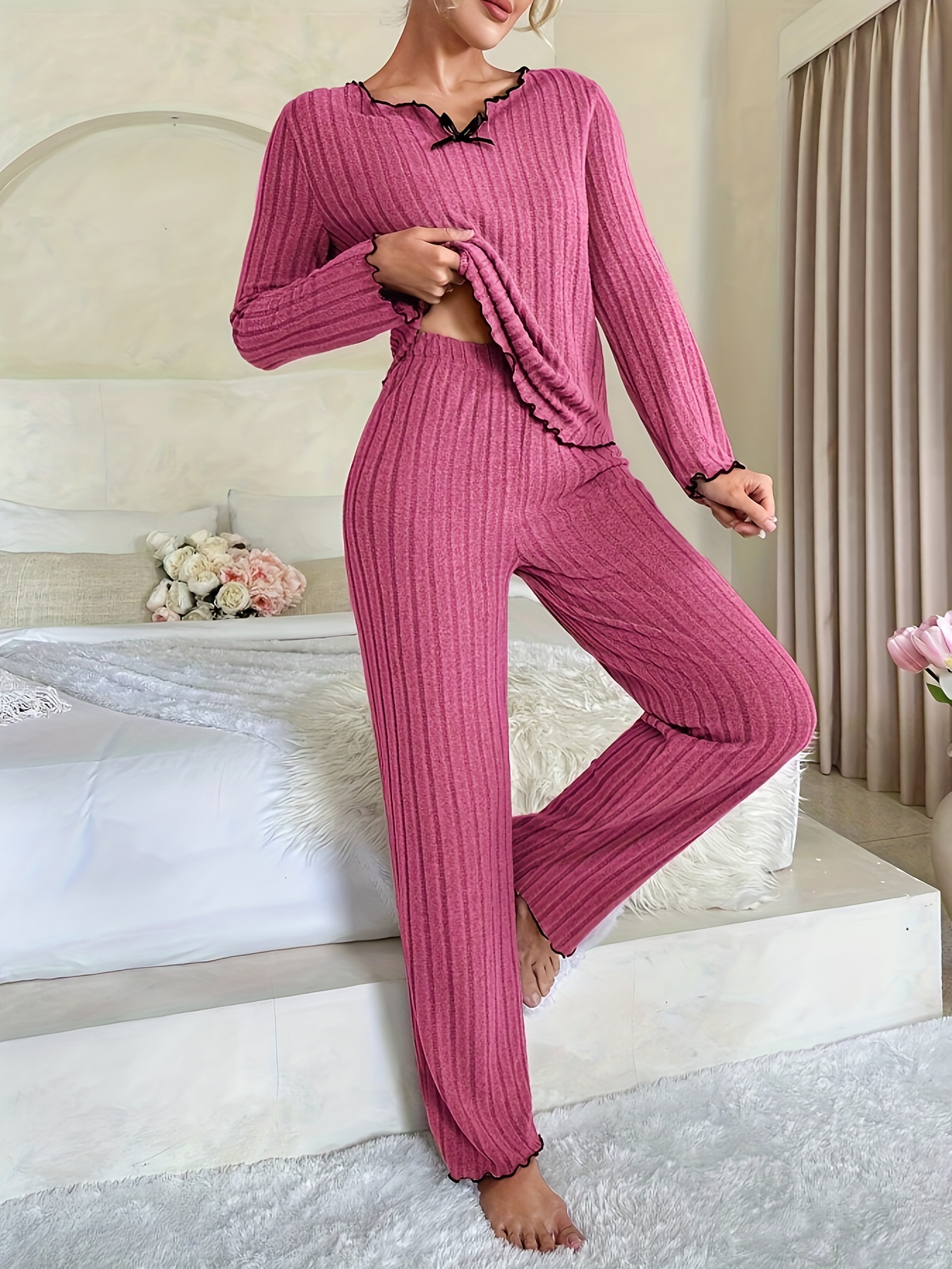 New Arrival Round Neck Crop Tee Wide Leg Pants Long Sleeve Sleepwear Solid  100% Cottom Spring Autumn Pajamas Loungewear - China Loungewear and Home  Wear price