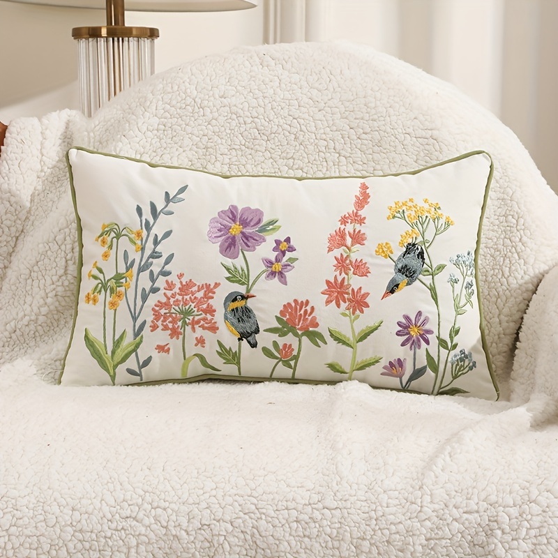 Floral Embroidered Cushion Cover Without Filler, Green Soft