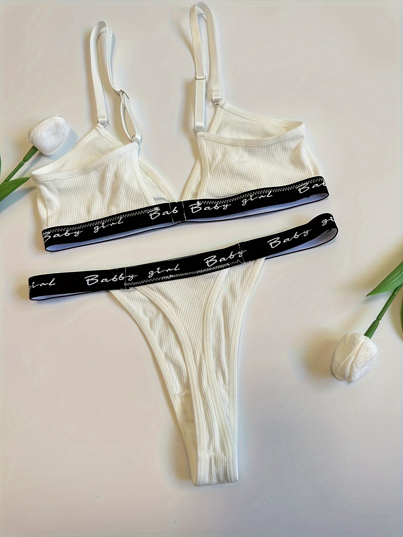 Letter Tape Ribbed Bra & Panties, Bra & Panty Lingerie Set, Women's  Lingerie & Underwear