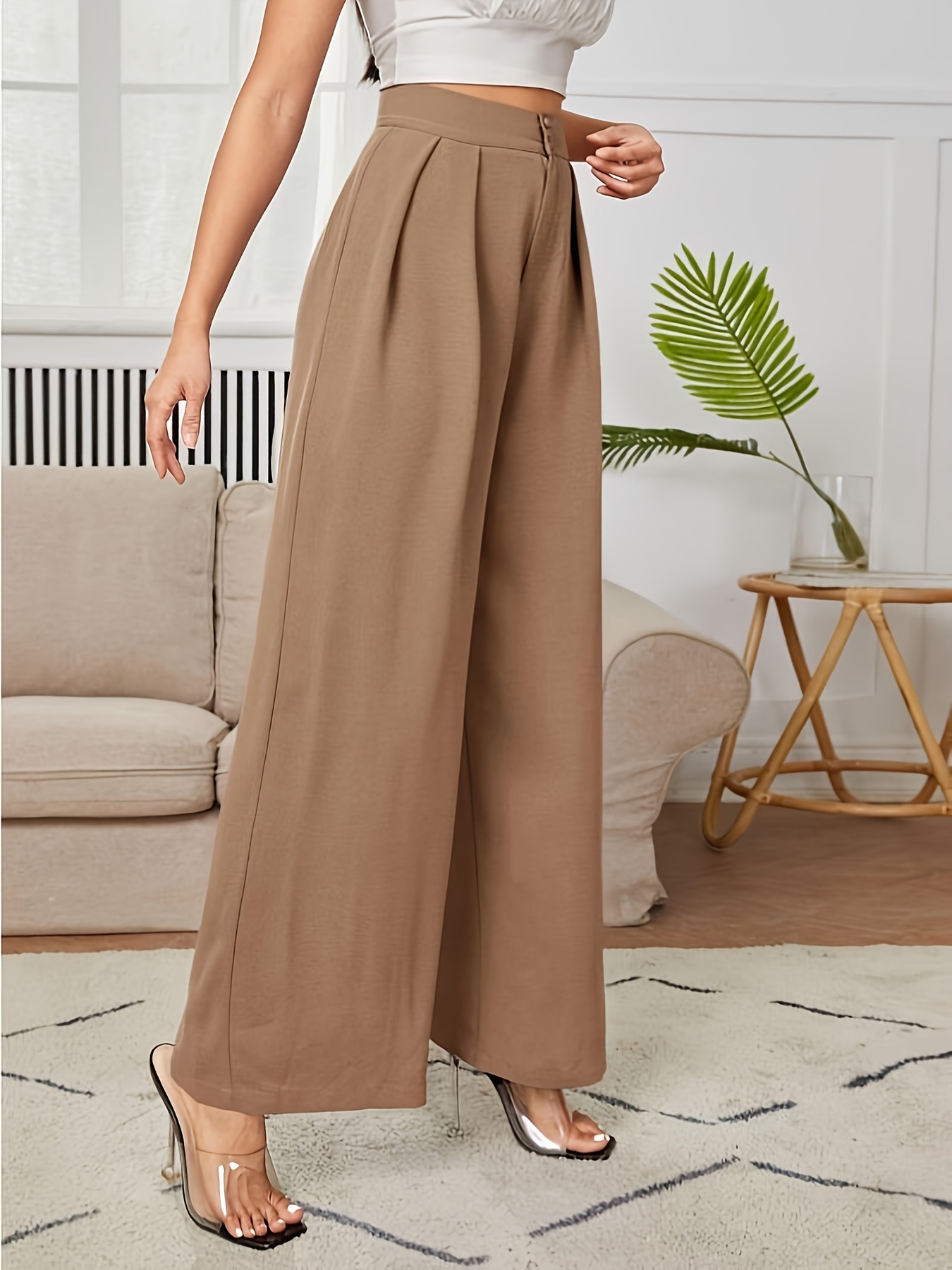 Pantalones Anchos Con Pliegues De Color Sólido, Elegantes Y Sueltos Para El  Día A Día, Ropa De Mujer