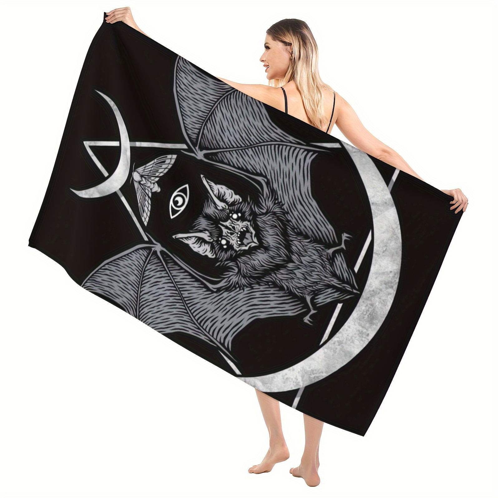 

1pc Oversized Sandproof Beach Towel, Bat Print Quick Drying Beach Blanket, Suitable For Travel, Swimming Pool, Party, Yoga, Camping, 31.5in*63in, Beach Supplies