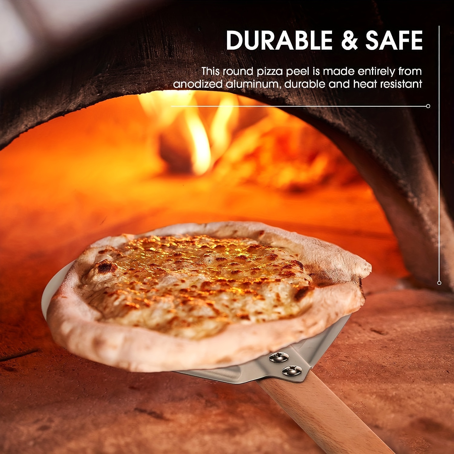 Espátula para pizza de 1 peça, Espátula redonda perfurada de alumínio para pizza, Forma oval com cabo de madeira removível para assar pizza caseira, pão
