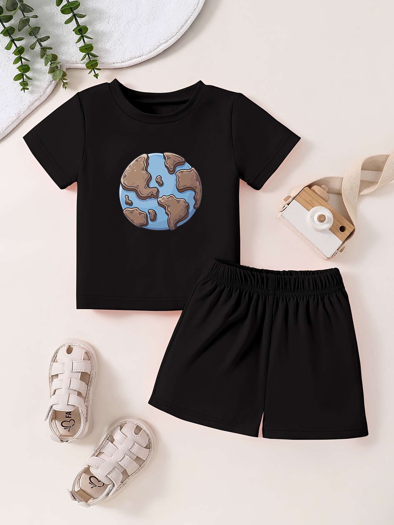 Baby's Cartoon Blue Planet Print Summer Outfit T shirt - Temu