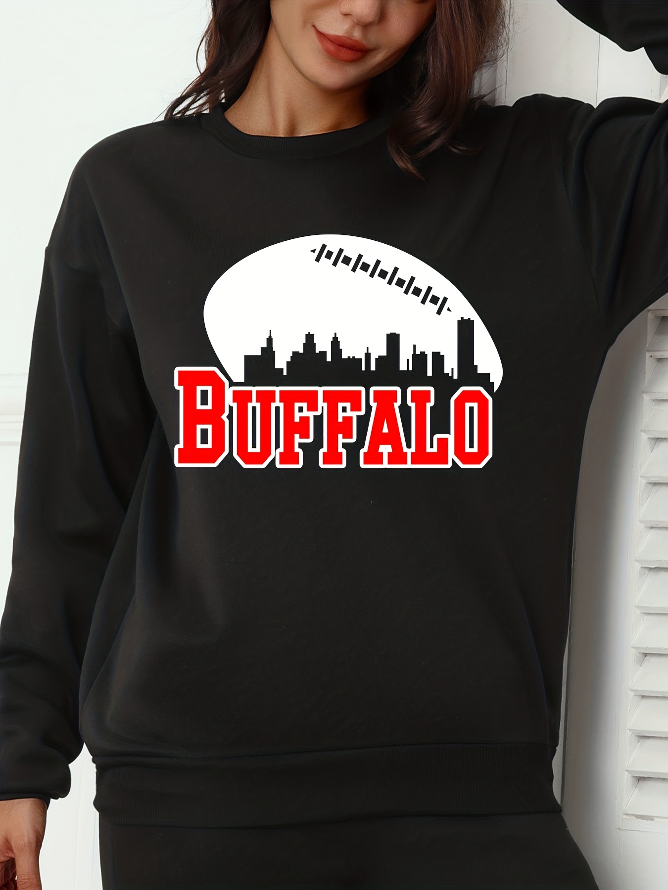 Buffalo Bills Letter Print Sweatshirt, Casual Long Sleeve Crew Neck  Sweatshirt, Women's Clothing - Temu