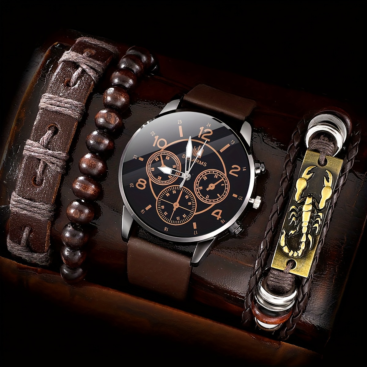 4 Unids set Relojes Pulsera Cuarzo Cuero Pu Hombre Juego Pulsera