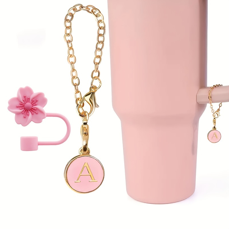 Initial Letter Chain Charm And Straw Tip Cover Set - Temu