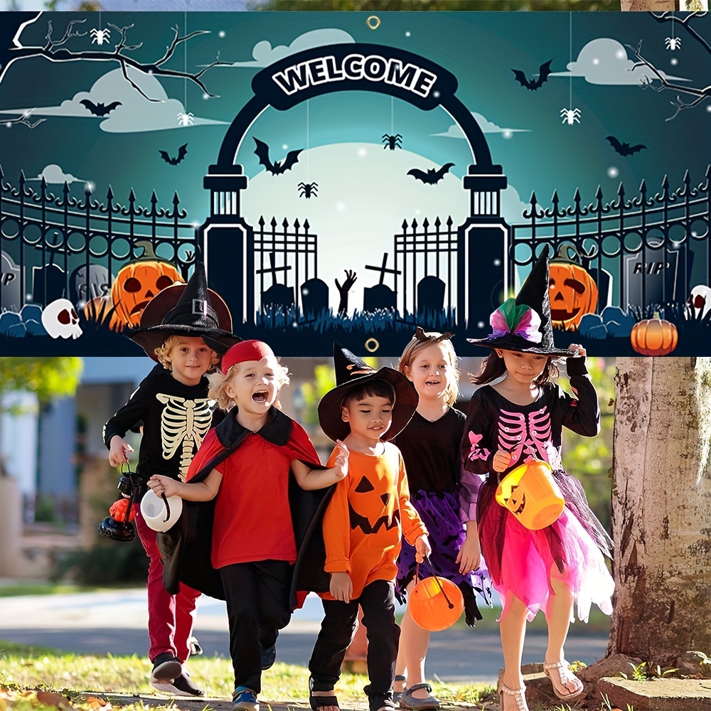 1pc happy halloween garage banner 157in 71in 400cm 180cm scary yard pumpkin pattern garage door decoration polyester with holes with rope hanging cloth mural door decoration for indoor outdoor yard holiday party backdrop arrangement details 6