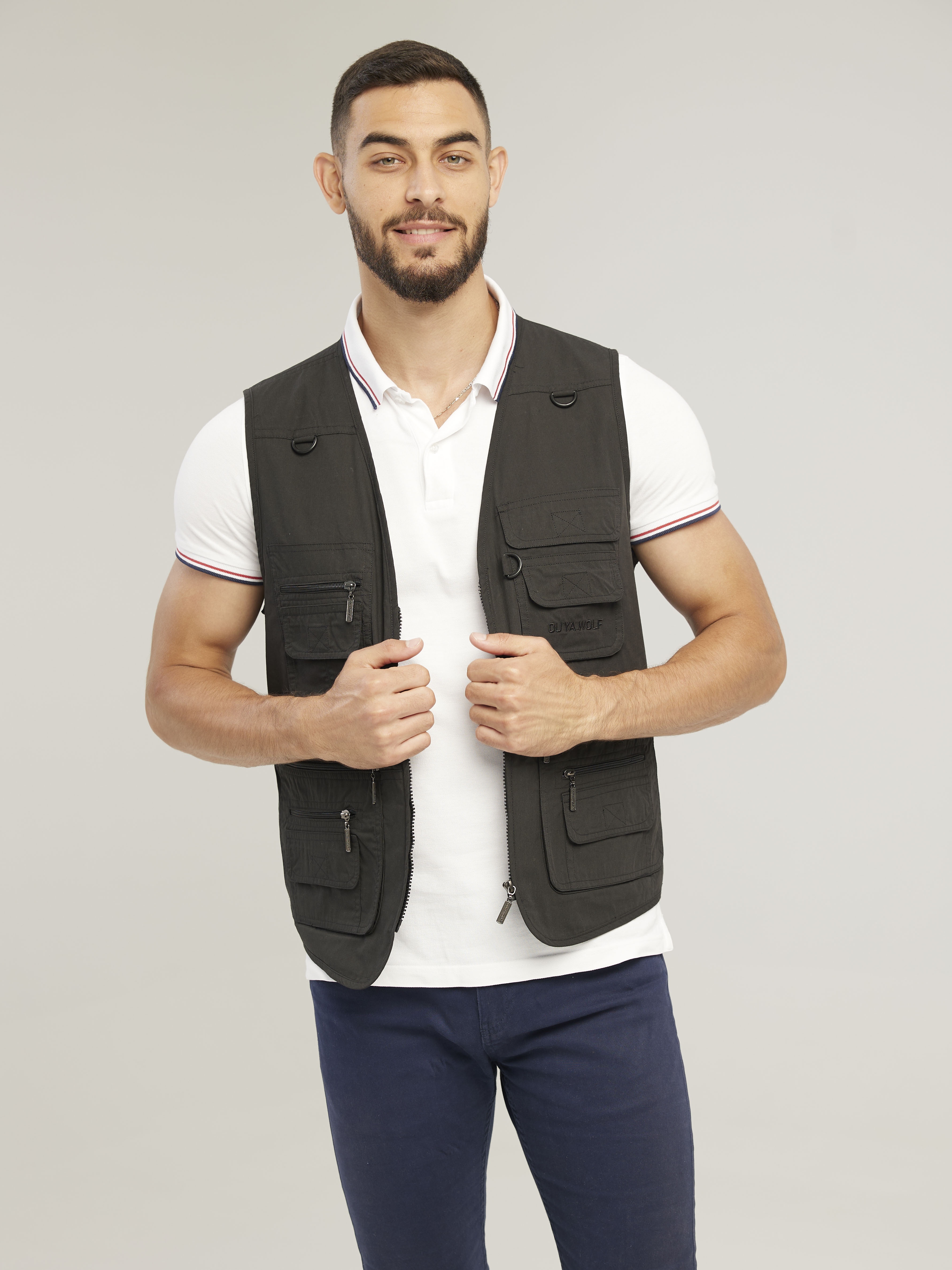 Temu Spring/Fall Cotton Blend Casual Photography, Men's V-Neck Solid Sleeveless Fishing Zipper Pockets Cargo Vest Outwear V Neck Zip Up Summer Outdoor