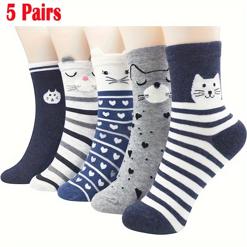 

5 Pairs Womens Socks Cute Cat Patterned Funny Novelty Medium Tube Socks For Women Gifts For Cat Lovers