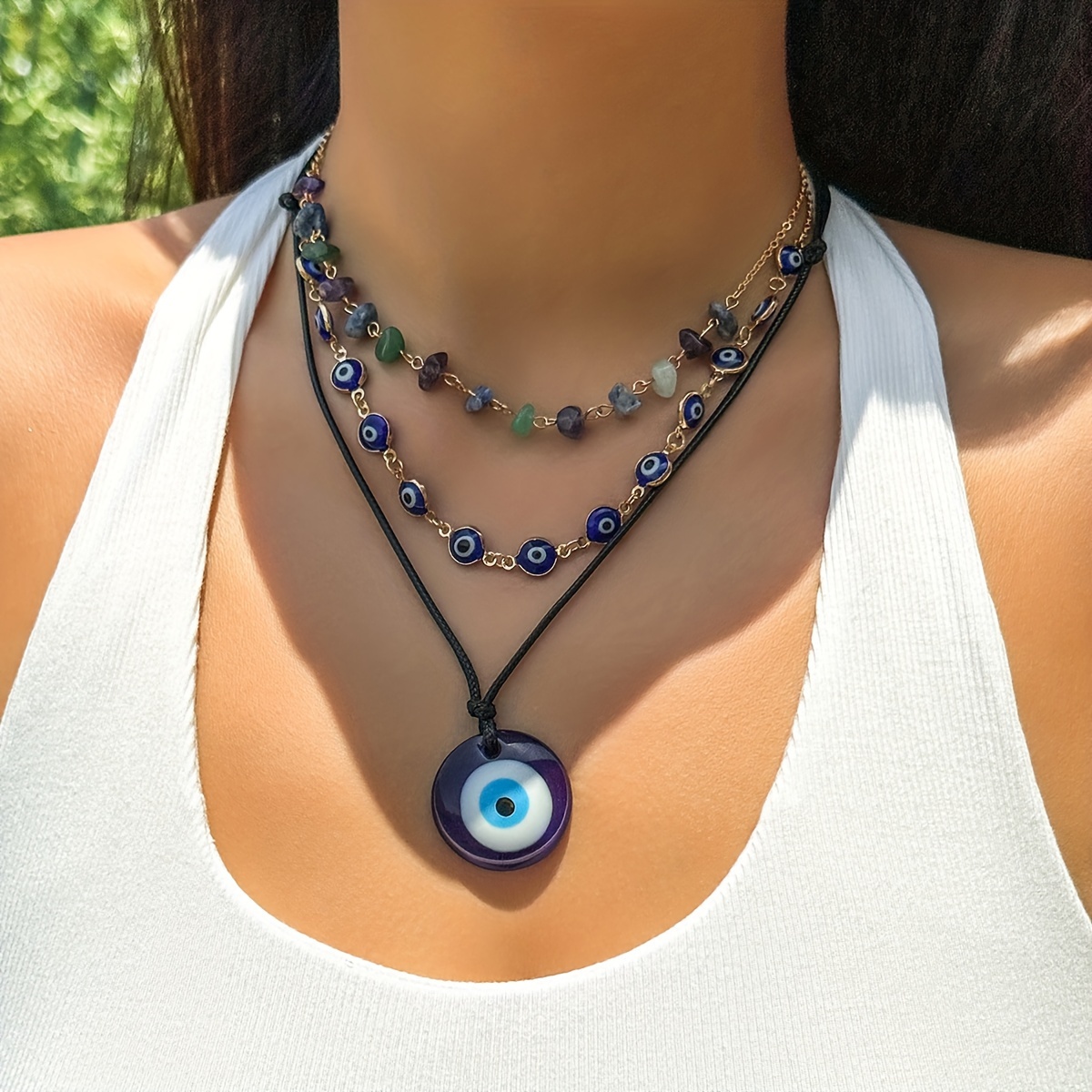 

3pcs/set Boho Wax Thread Beaded Blue Evil's Eye Pendant Necklace Vacation Decor Jewelry Women's Beads Neck Jewelry Gift