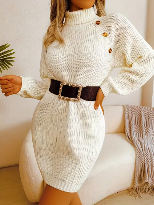 Solid Turtleneck Slim Sweater Dress Elegant Bodycon Knitted Dress For ...