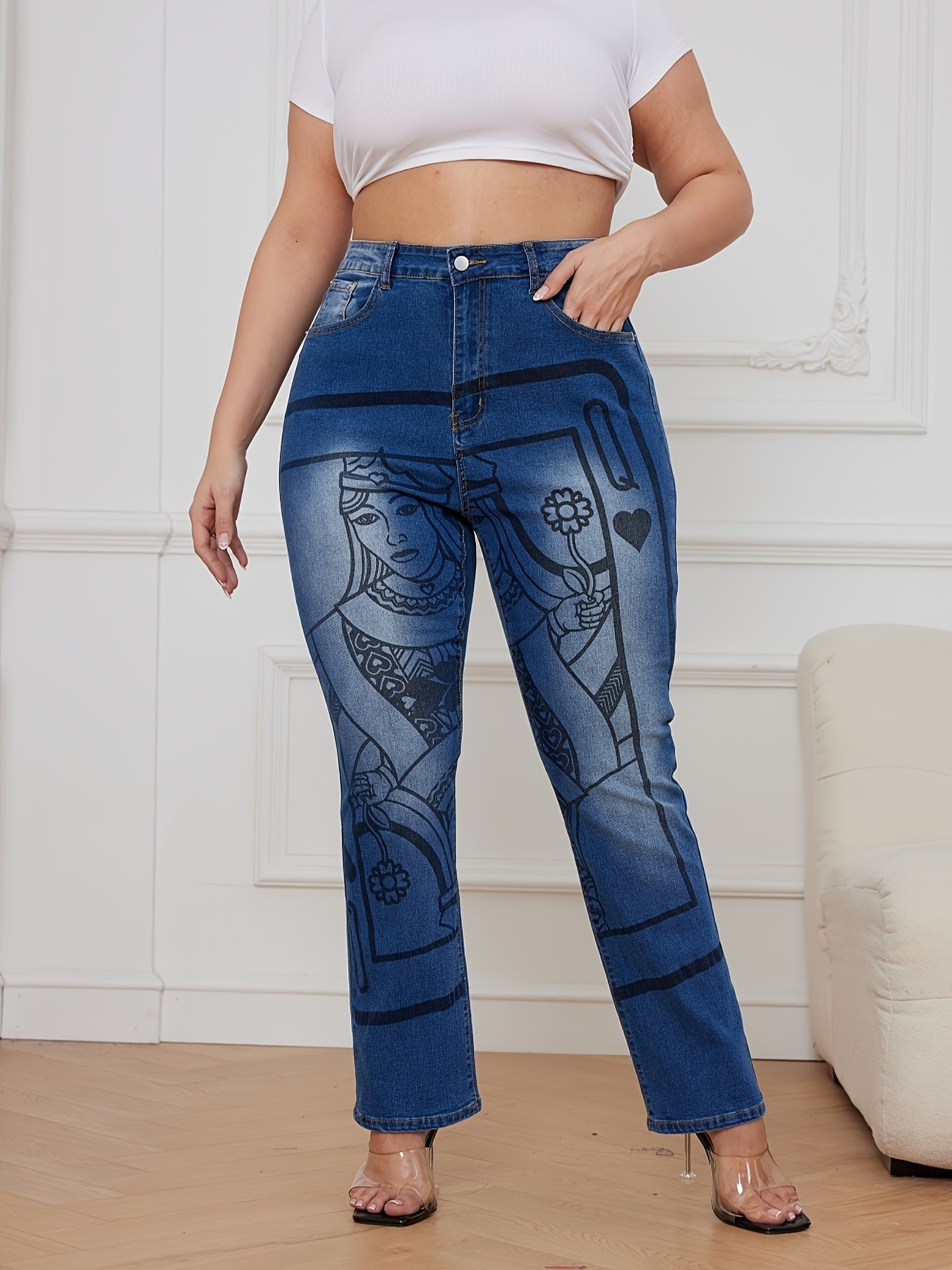 Plus Size Casual Jeans, Women's Plus Poker Print Button Fly High Rise High  Stretch Straight Leg Jeans - Temu United Arab Emirates