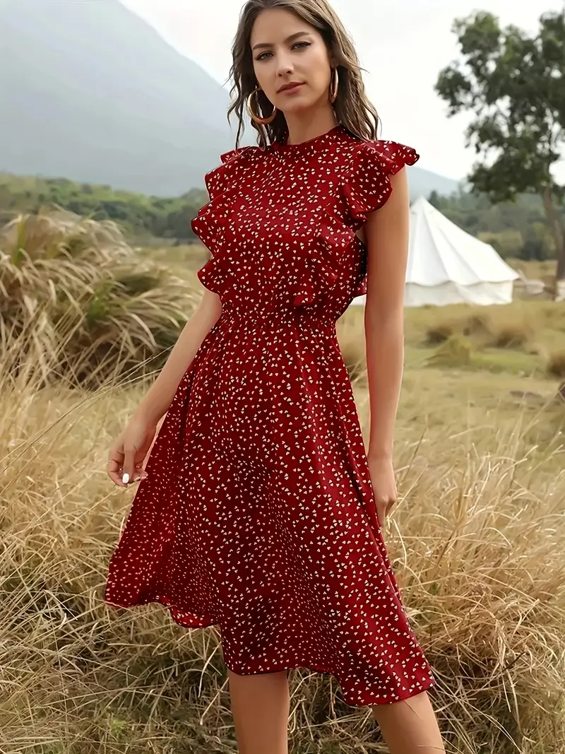 Women's Dresses Chiffon Dress Women Elegant Summer Floral Print Ruffle  A-line Sundress Casual Fitted Clothes To Knees Dresses