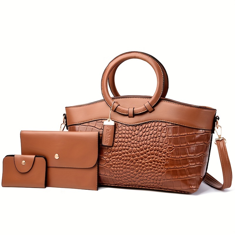 Elegant Crocodile Pattern Satchel Bag, Classic Pu Leather Top Handle Bag,  Women's Solid Color Shoulder Bag - Temu