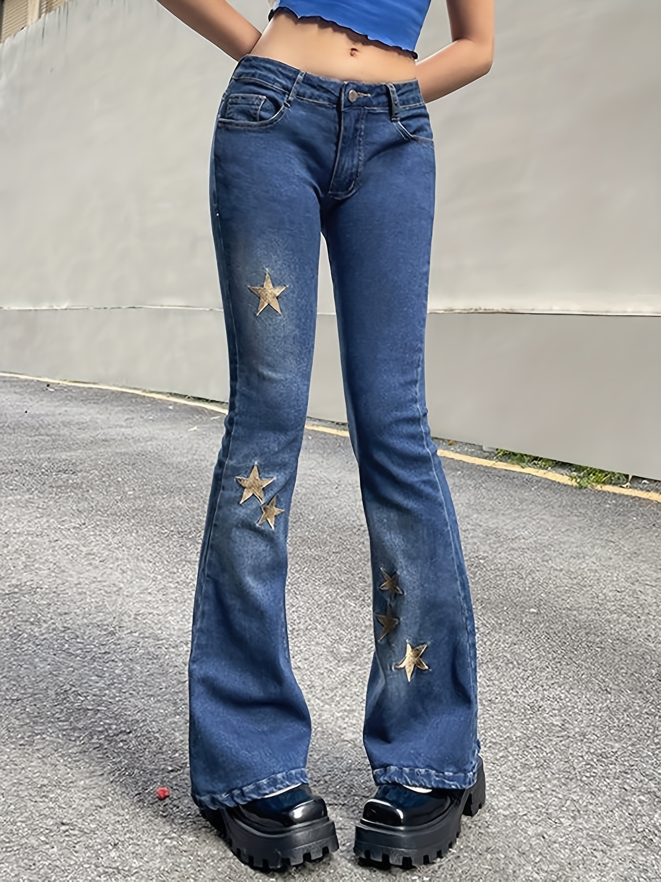 Golden Star Embroidery Flare Leg Jeans Low Waist Y2k - Temu Canada