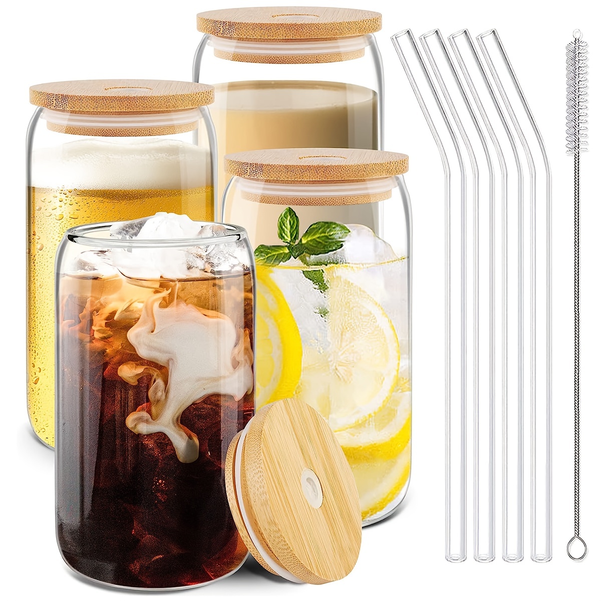 4 Sets of 24 oz Large-Capacity Glass Cups With Bamboo Lid and Straw,Reusable  Boba Cup Smoothie Cup Iced Coffee Cups Glass Tumbler with Straw and Lid,Perfect  for Bubble Tea,Juice,Gift