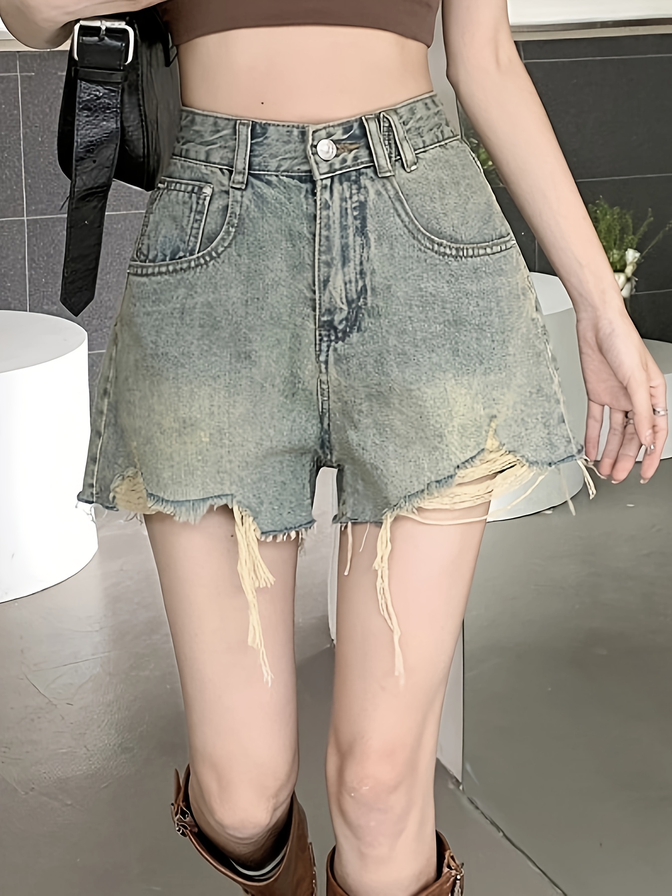Sexy Bandage Ripped Denim Shorts Distressed Drawstring Mini - Temu Australia