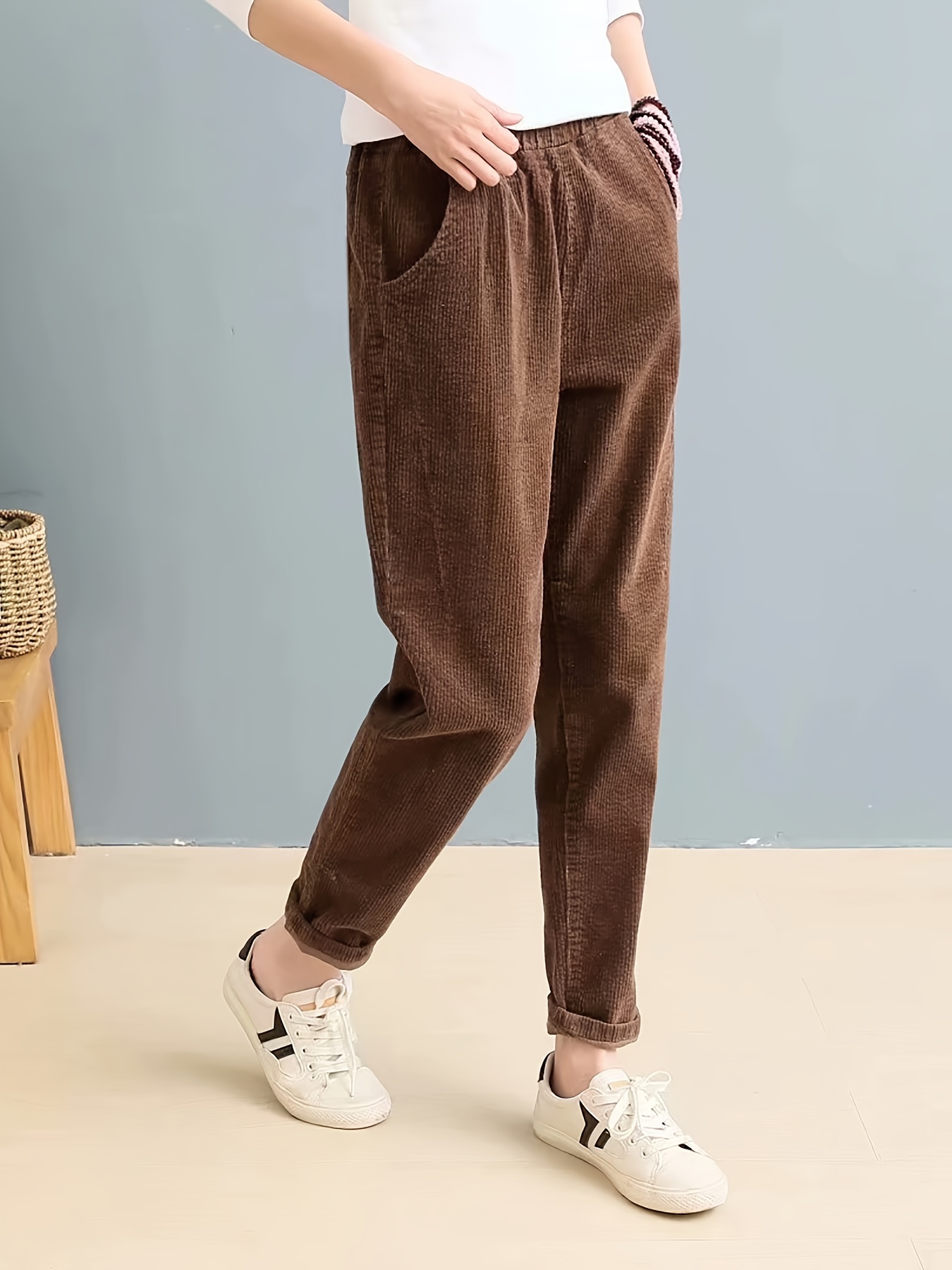 Corduroy High Waist Pants Elegant Dual Pockets Pants Spring - Temu