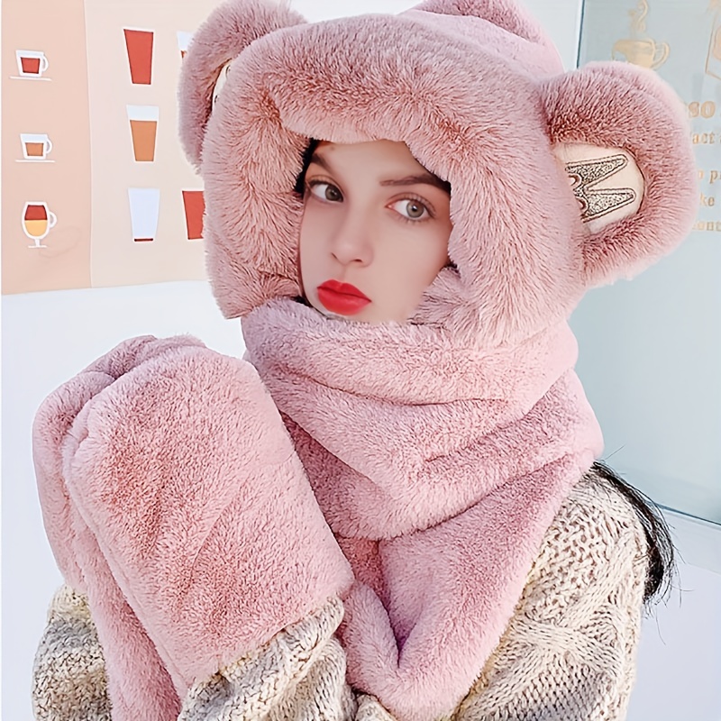 RIJPEX 2 in 1 Cute Cartoon Children's Warm Plush Hat,Winter Hat and Scarf  All in One, Plush Thickened Two-Piece Set (Bear2,One Size)