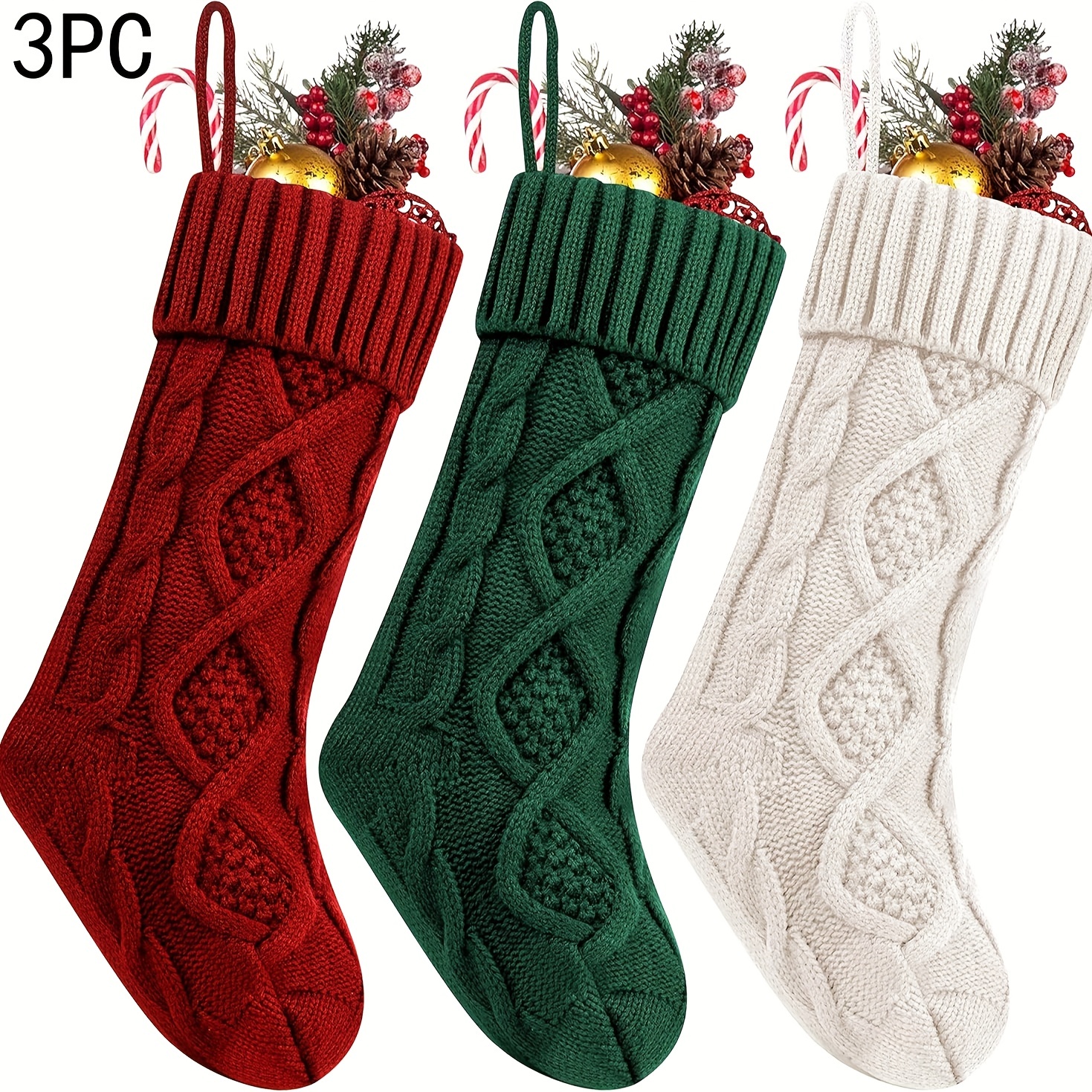 Pitauce Christmas Stockings with Name Tags, Cable Knitted Xmas Hanging Stocking Decorations for Holiday Christmas Party Family Decor Gift Favors