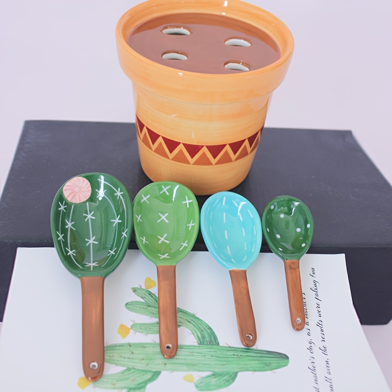  Cactus Measuring Spoons Set in Pot Ceramic Cute Measuring Cups  and Spoons Unique Baking Gifts for Dry Wet Ingredients Dishwasher Safe 1  Tbsp 1 TSP 1/2 TSP 1/4 TSP 1 Cup
