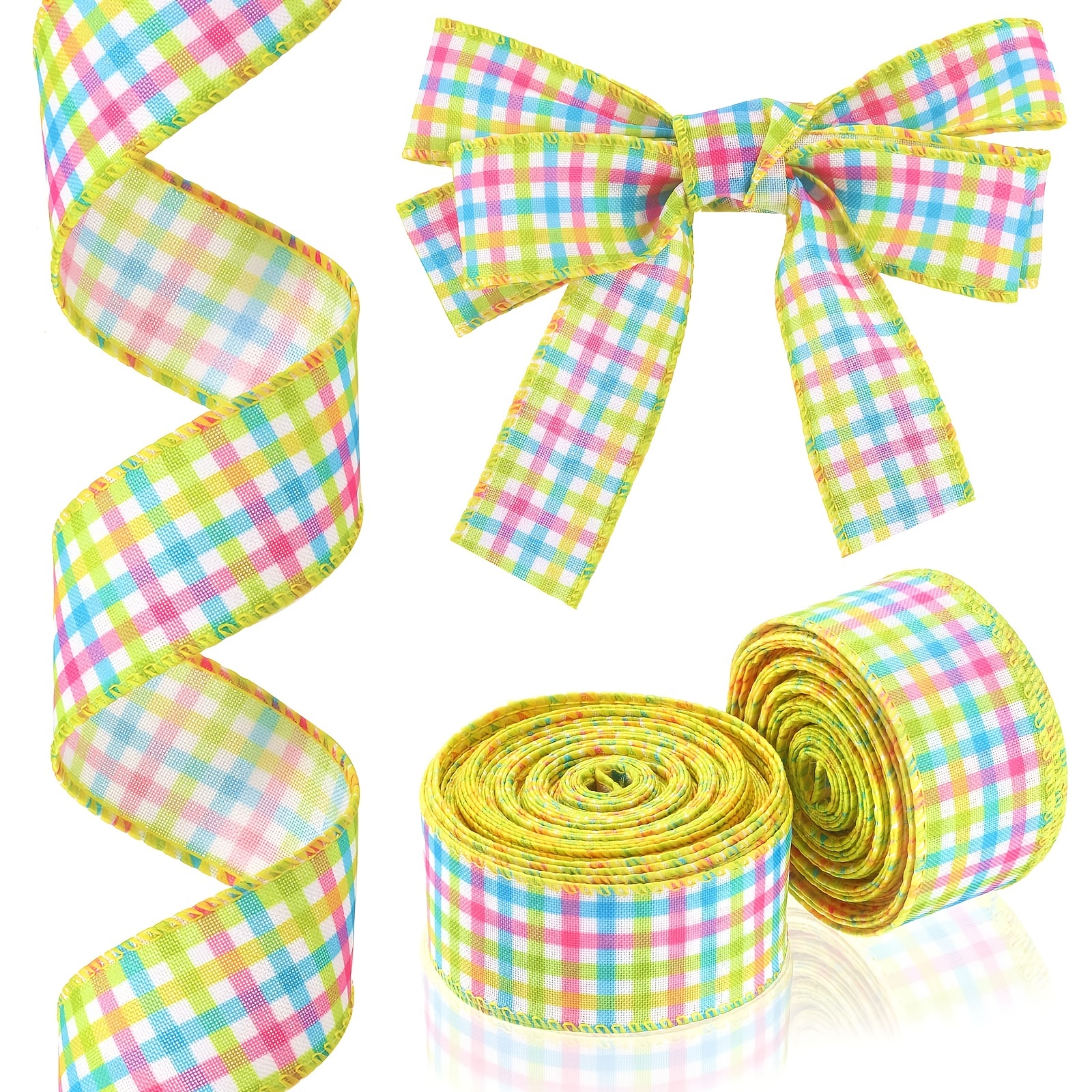 1 Roll Colorful Easter Plaid Wired Ribbon Wired Edge Ribbon For Crafts Gift Wrapping Big Bow Wreath Tree Decoration Outdoor Decoration
