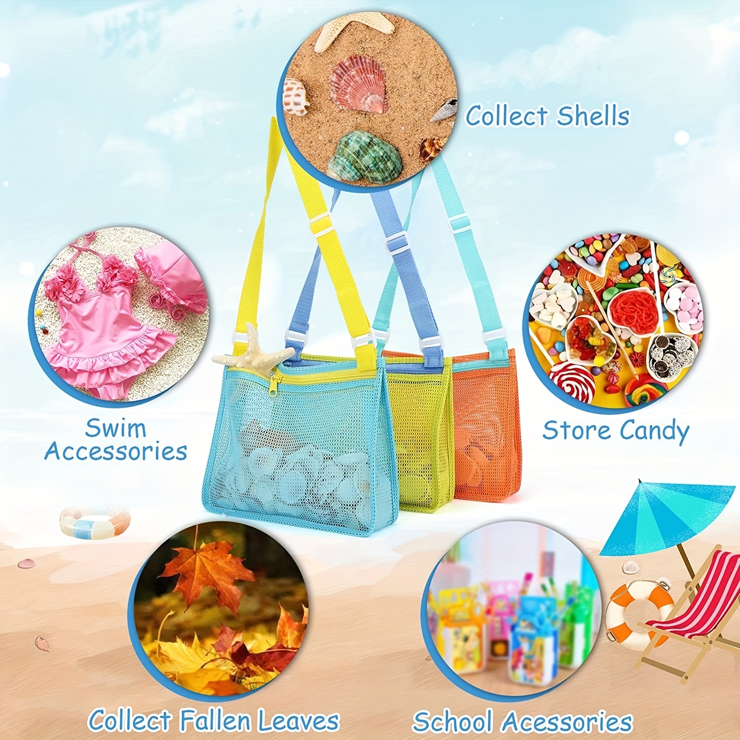 Lot de 3 sacs en filet pour jouets de plage Sacs de coquillage pour enfants  Sacs de collecte pour contenir des coquillages Jouets de plage Accessoires  de natation Sacs de rangement Une