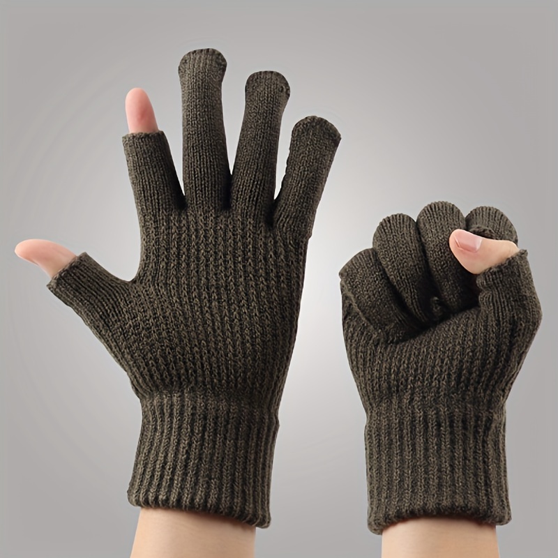 1pair Dew Two Finger Woolen Gloves for Men, Thickened and Velvet, Warm and Leaky Fingers for Students, Outdoor Writing, Riding, and Cold Protection