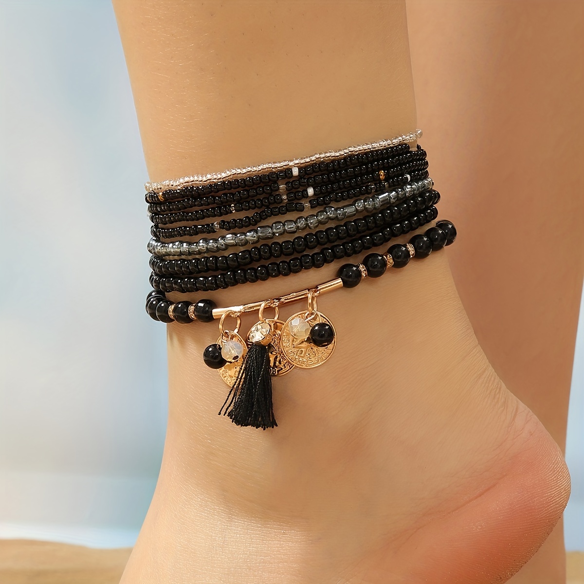 

9pcs Coin Tassel Pendant Black Rice Beads Beaded Anklet Set Punk Style Ankle Bracelet Set For Women