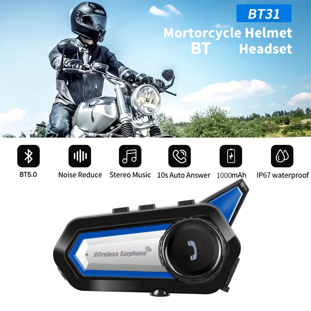 Motorcycle Bluetooth Headset,E1 Bluetooth Helmet Intercom Headset with CVC  Noise Cancellation Stereo Music IPX6 Waterproof for Full face Helmet 
