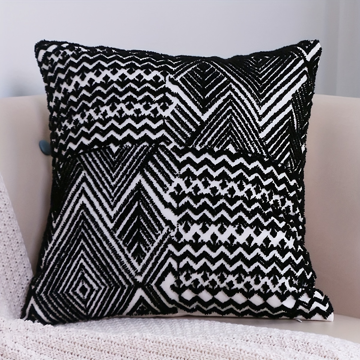 Cotton Canvas Black Geometric Pattern Tufted Cushion Cover Temu