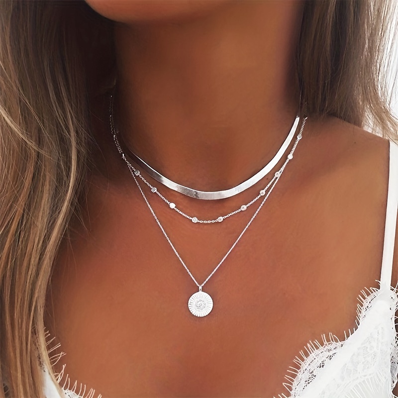 

Simple Multi Layered Lotus Pendant Necklace Beads Decor Round Piece Chain Necklace For Women Gift
